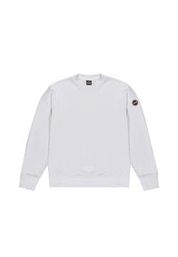 Felpa bianca con girocollo realizzata in un tessuto morbido, con maniche lunghe, polsini e fondo a costine, e una toppa con logo rotondo sul braccio sinistro.