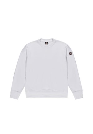 Felpa bianca con girocollo realizzata in un tessuto morbido, con maniche lunghe, polsini e fondo a costine, e una toppa con logo rotondo sul braccio sinistro.