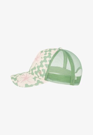 Groene en witte pet met een bloemenpatroon, voorzien van een mesh achterkant voor ademend vermogen en een gebogen rand. Inclusief zilveren hardwaredetails.