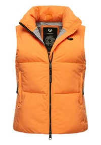 Padded orange vest with a high collar, gray lining, front zipper, and side pockets. Features logo on chest and a quilted design.