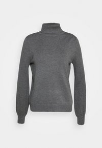 Pull à col roulé gris en tissu tricoté doux. Comprend des manches longues, des poignets côtelés et une silhouette ajustée. Sans motifs ni accents supplémentaires.