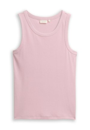 Maiou roz deschis fără mâneci, cu decolteu rotund și margine cu refilet, mărimea M, așezat plat pe fundal alb.