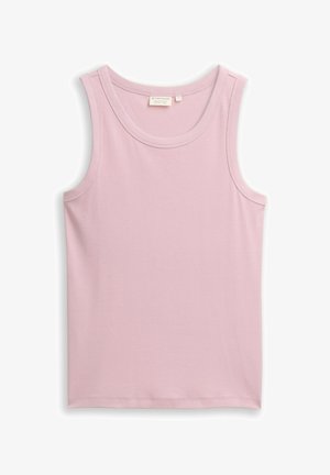 Maiou roz deschis fără mâneci, cu decolteu rotund și margine cu refilet, mărimea M, așezat plat pe fundal alb.