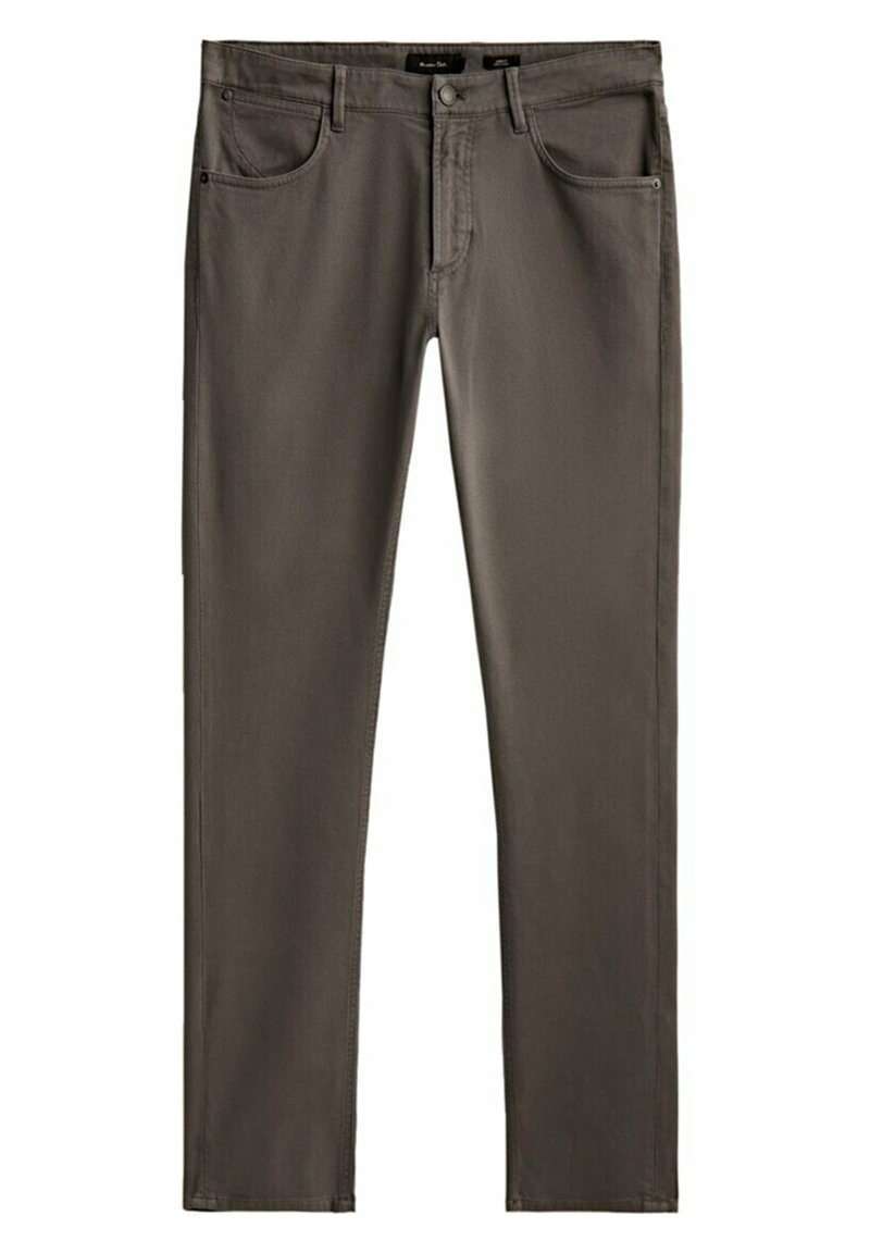 Pantalon gris à jambes droites avec poches avant, passants de ceinture, et fermeture par bouton et fermeture éclair, présenté à plat sur fond blanc.