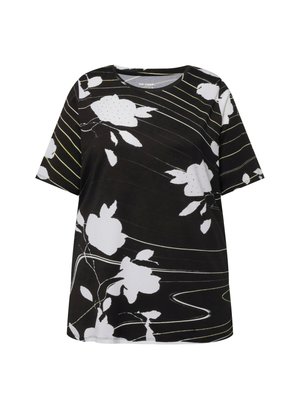 Sort kortærmet top med hvide blomster og tynde gule skråstriber. Blødt materiale med en afslappet pasform og rund halsudskæring.