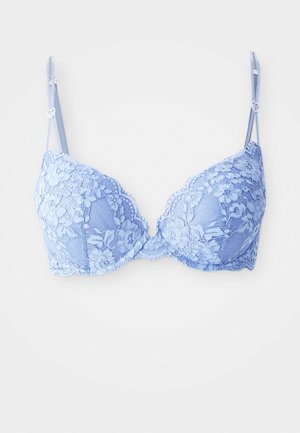 Light blue lace bra with adjustable straps, floral pattern, underwire support, and scalloped edges. Smooth fabric with delicate detailing.