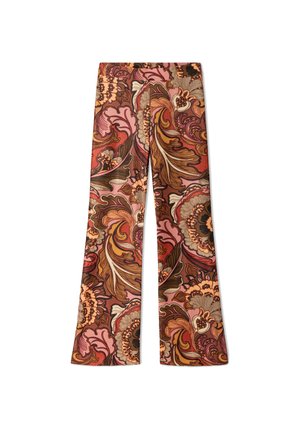 Broek met hoge taille en wijde pijpen met een retro bloemen- en bladerenpatroon in tinten bruin, oranje, roze en beige op een witte achtergrond.