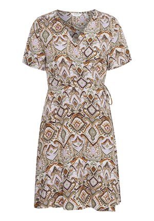 Kratka haljina s kratkim rukavima od laganog materijala, s multikolor uzorkom paisleya u nijansama zelene, smeđe i ružičaste boje. Upotpunjena vezanjem u struku.