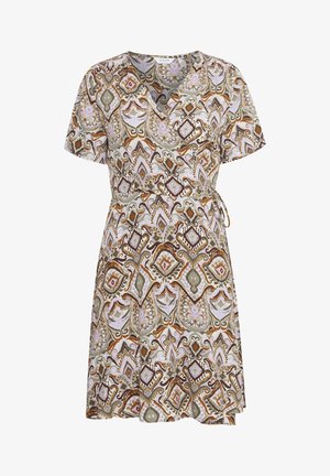 Abito avvolgente a maniche corte in tessuto leggero con una stampa paisley multicolore che presenta tonalità di verde, marrone e rosa. Completato da una vita con cinturino.