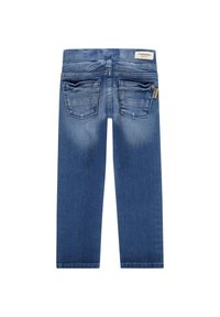 Blå denimjeans med rak passform, bakfickor och urblekta detaljer, med en etikett på midjebandet.
