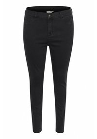 Jean skinny en denim noir à taille mi-haute, avec cinq poches et des détails de couture subtils. Texture lisse, silhouette ajustée.