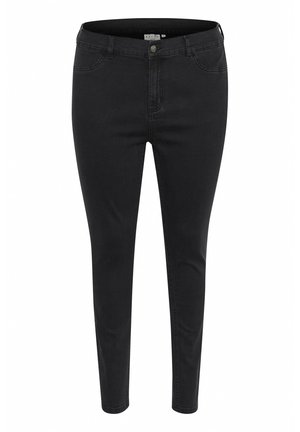 Black denim skinny jeans with a mid-rise waist, five pockets, and subtle stitching details. Smooth texture, form-fitting silhouette.