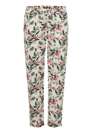 Cvjetne hlače od svijetle krem tkanine s ružičastim i zelenim botaničkim uzorcima, s elastičnim pojasom i detaljima od vezice.