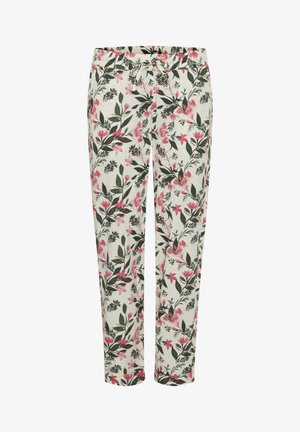 Floralebroek in lichtcrème stof met roze en groene botanische patronen, voorzien van een elastische tailleband en een trekkoorddetail.