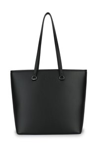 Black leather tote bag with two shoulder straps, flat sides, and a minimalist design. Features silver-tone hardware and embossed logo detail.