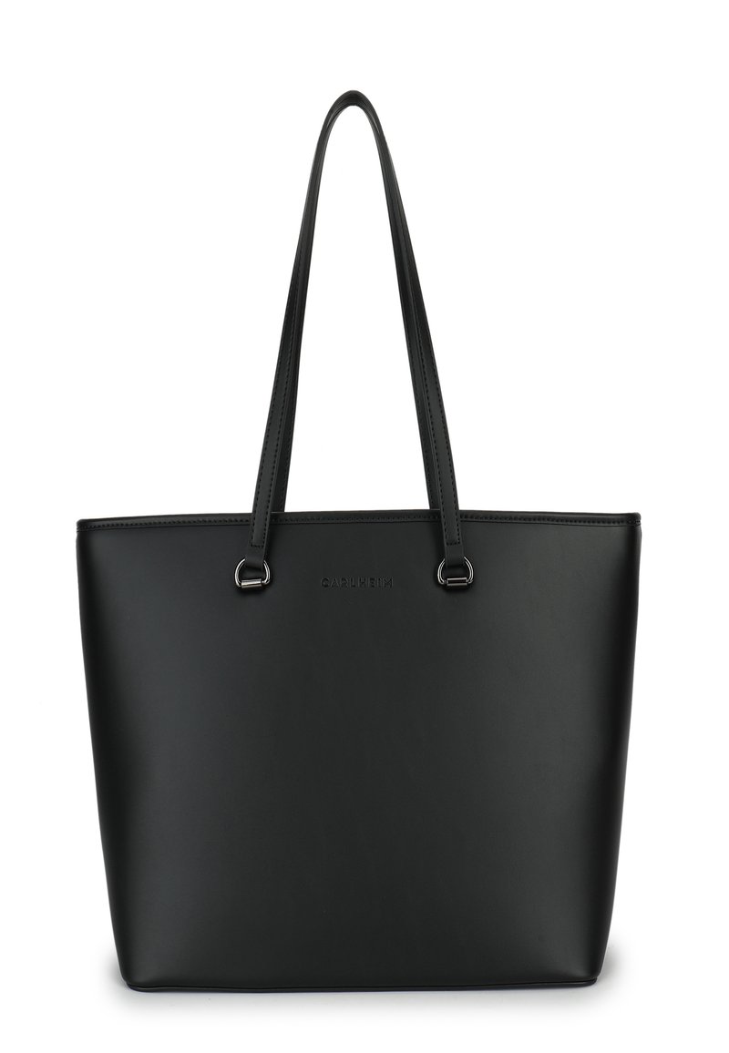 Black leather tote bag with two shoulder straps, flat sides, and a minimalist design. Features silver-tone hardware and embossed logo detail.