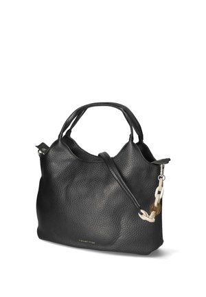 Black textured leather handbag with two handles, a detachable strap, and decorative white and brown chain detail on the side.