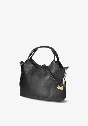 Black textured leather handbag with two handles, a detachable strap, and decorative white and brown chain detail on the side.