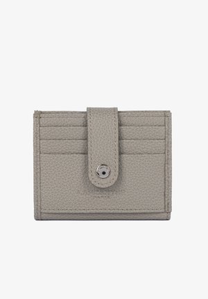 Gray textured leather wallet with six card slots and a central snap-button strap closure.