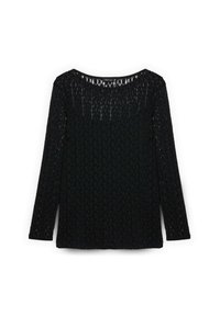 Černý top s dlouhým rukávem vyrobený z texturované krajkové tkaniny, s kulatým výstřihem a volným střihem. Proužkovaný jemnými otvory po celém povrchu.