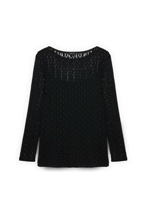 Maglietta nera a maniche lunghe realizzata in un tessuto текстurizzato e pizzo, con scollo a girocollo e una vestibilità ampia. Caratterizzata da sottili aperture decorative in tutto il capo.