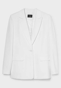 Biały żakiet wykonany z gładkiego materiału, z klapami, zapinany na jeden guzik oraz z dwoma przednimi kieszeniami. Prosty design z czystymi liniami.