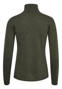 Olivgrön stickad tröja med hög krage, långa ärmar och en figurnära design. Texturerat tyg med en slät yta och subtila ribbade detaljer vid nederkanten.