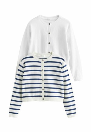 Zwei Damenstrickjacken, eine weiße und eine weiße mit marineblauen horizontalen Streifen, beide mit rundem Ausschnitt und knöpfbarem Vorderteil.
