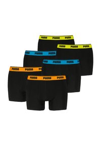 Schwarze Boxershorts mit farbigen elastischen Taillenbändern in Blau, Orange und Gelb, wobei das "PUMA"-Logo deutlich sichtbar ist.