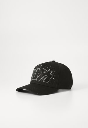 Black cap made of fabric featuring rhinestone embellishments in a geometric pattern on the front, curved visor, and adjustable strap.