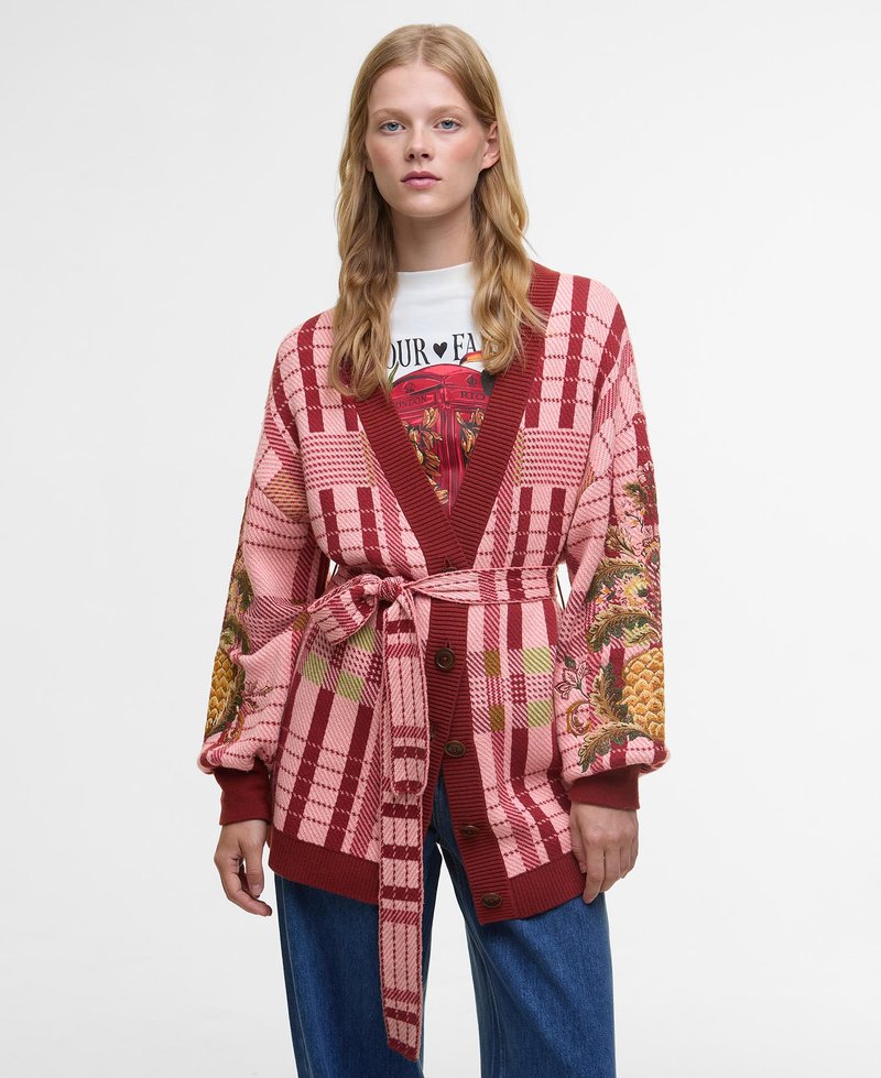 Knitted cardigan in red and pink checks, featuring long sleeves with floral embroidery, a tie closure, and multiple buttons down the front.