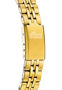 Zlaté kovové náramkové hodinky s náramkom s prepojeným dizajnom. Spona obsahuje vygravírované logo "LOTUS" a má hladký, leštený povrch.