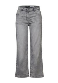 Jeans en denim gris avec une coupe droite, comportant cinq poches et une légère décoloration. La bande supérieure de la taille est dotée d'un label avec logo.
