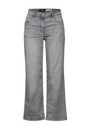 Grau Jeans mit geradem Bein, mit fünf Taschen und subtiler Ausbleichung. Der obere Bund hat ein Logolabel.