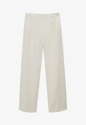 Cremfarbene High-Waist-Hosen mit Knopf- und Reißverschluss, geraden weiten Beinen und seitlichen Taschen.