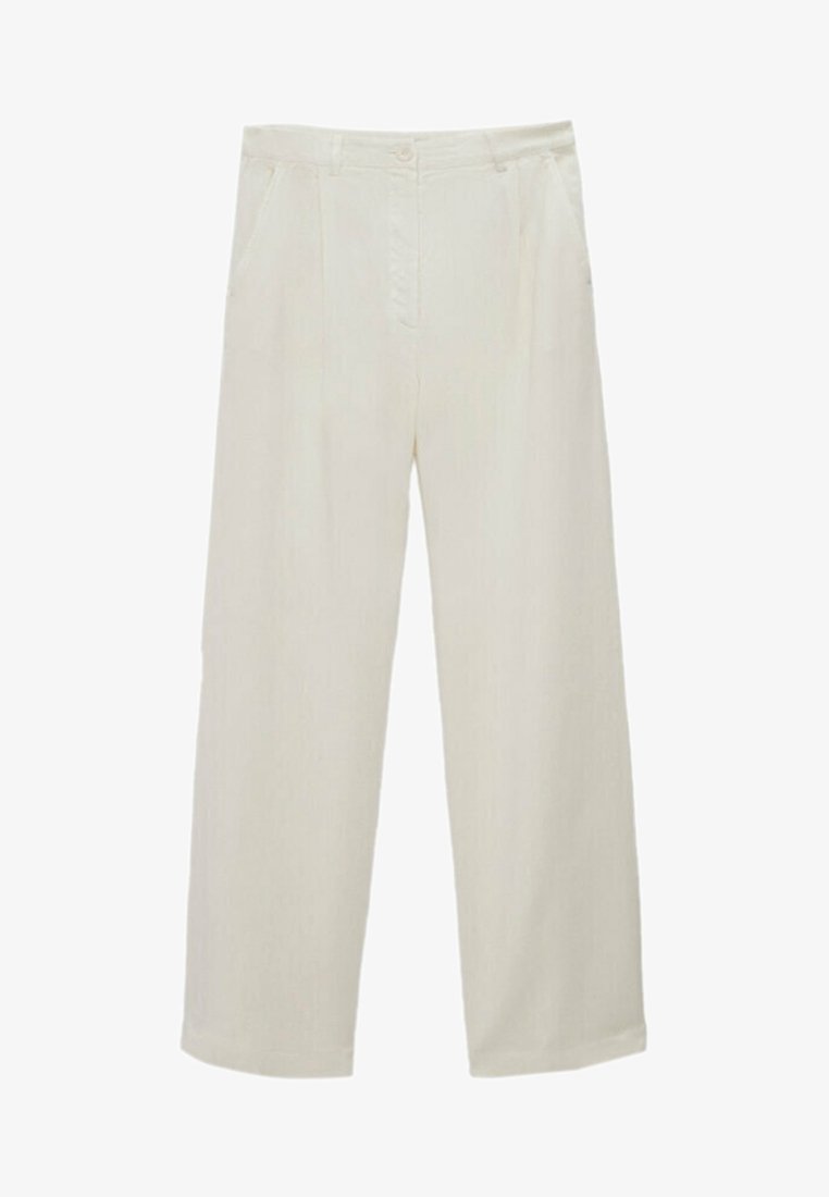 Crème-kleurige hoge taillebroek met een knoop- en ritssluiting, rechte wijde pijpen en zakken aan de zijkant.