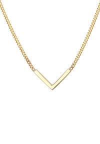 Die goldene Kettenhalskette hat einen V-förmigen Anhänger mit einer polierten Oberfläche. Die Kette ist aus flachen Gliedern gefertigt, was einen strukturierten Look erzeugt.