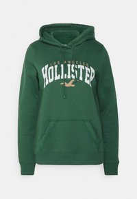 Sudadera de algodón verde con un bolsillo frontal, capucha con cordón y texto blanco "Hollister". Presenta "Los Ángeles" arriba y un logo de un pájaro.