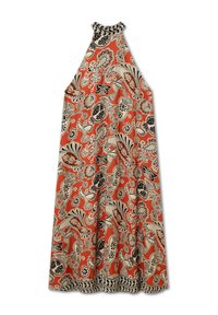 Vestido de tirantes en tela naranja con patrones florales en negro y crema. Presenta un cuello con volantes y una silueta fluida en A.
