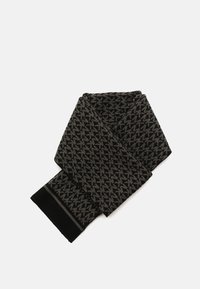 Sort og grå mønstret tørklæde med hundetandsmønster og ribbede ender. Fremstillet af et blødt tekstilmateriale.