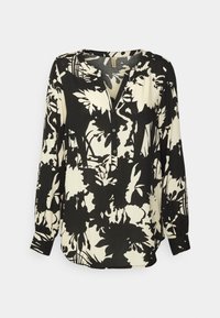 Blouse à manches longues avec un motif floral noir et crème, col en V, boutonnière à l'avant, tissu doux et coupe décontractée.