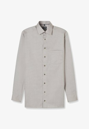 Hellgraues Hemd zum Knöpfen mit einem dezenten Karomuster, langen Ärmeln, spitzem Kragen und einer Brusttasche. Mit braunen Knöpfen.