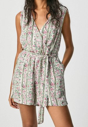 Floral patterned romper in lightweight fabric, featuring a deep V-neck, sleeveless design, adjustable drawstring waist, and short hemline.