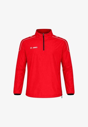 Pullover sportivo rosso a maniche lunghe con zip a quattro quarti, cerniera nera, piping bianco sulle spalle e logo JAKO sul petto e sulle spalle.