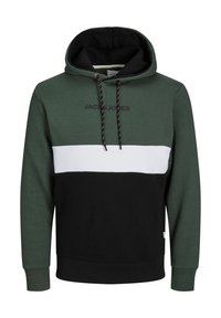 Sudadera con capucha en verde, negro y blanco, con un diseño de bloques de color, capucha con cordón y logo en el pecho. Tejido de mezcla de algodón.