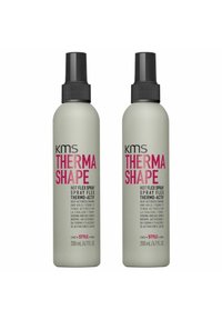 KMS ThermaShape Hot Flex Spray, zwei 200-ml-Flaschen, graues Plastik mit schwarzen Sprühkappen, verfügt über auffälligen pinken Text, temperaturaktivierte Styling-Formel.
