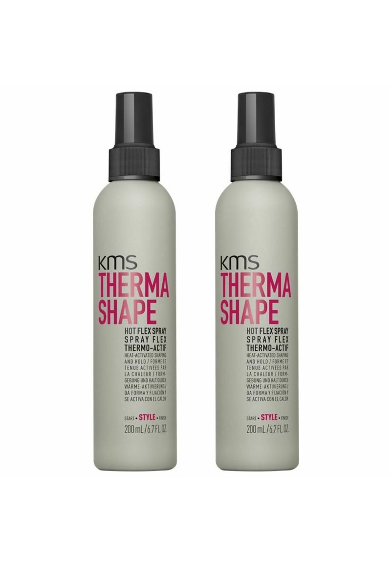 KMS ThermaShape Hot Flex Spray, zwei 200-ml-Flaschen, graues Plastik mit schwarzen Sprühkappen, verfügt über auffälligen pinken Text, temperaturaktivierte Styling-Formel.