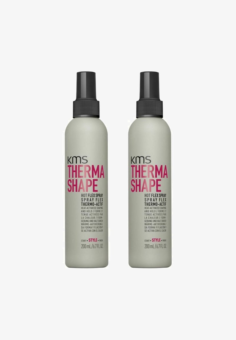 KMS ThermaShape Hot Flex Spray, two 200 mL bottles, gray plastic with black spray caps, features bold pink text, heat-activated styling formula.