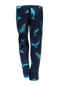 Marine broeken met een walvisprint in lichtblauw. Heeft een gladde textuur, elastische tailleband en een losse pasvorm. Walvissen zijn geïllustreerd in verschillende posities.