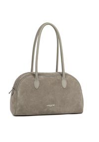 Sac à main en daim gris avec deux anses arrondies, fermeture éclair et accent de logo. Texture lisse avec un design épuré et minimaliste.